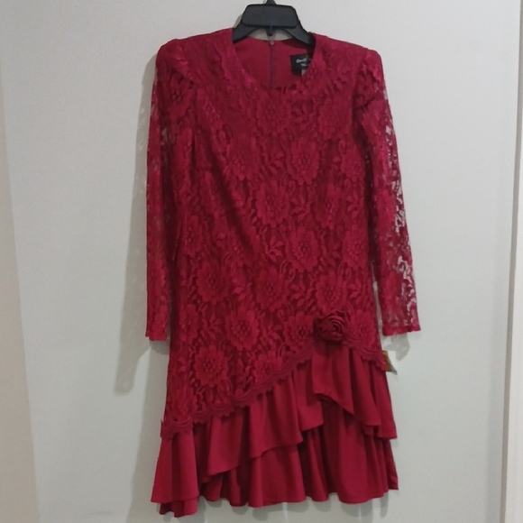 Sears Red Asymmetrical Ruffled Long Sleeve Dress - Picture 1 of 15